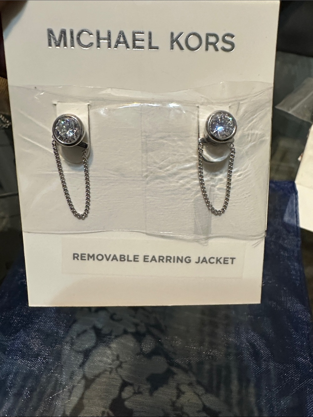 Michael Kors Silver Crystal Stud Earrings with Chain Jacket Accent